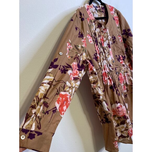 Roamans Tan Floral Pintuck Button Front Tunic Top Size 22W Long Sleeve Tropical - Picture 2 of 4